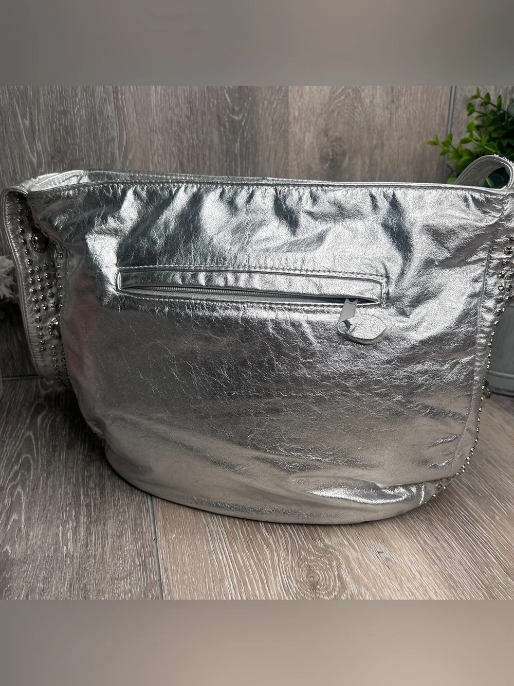 Bags by Pinky • Metallic Silver Studded Shoulder Bag • Genuine Leather •USA Made - Picture 5 of 12